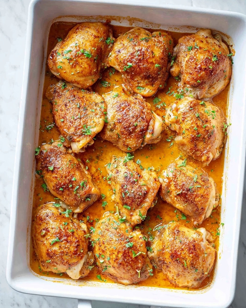 The image shows twelve golden-brown cooked chicken pieces arranged in a single layer inside a white baking dish. Each chicken piece has a crispy texture with a warm orange-brown color and is slightly coated with a shiny, rich orange sauce that pools around the bottom of the dish. Small green herb bits are sprinkled evenly on top, adding contrast and freshness to the dish. The white baking dish sits on a white marbled surface, enhancing the dish's warm colors. photo taken with an iphone --ar 4:5 --v 7