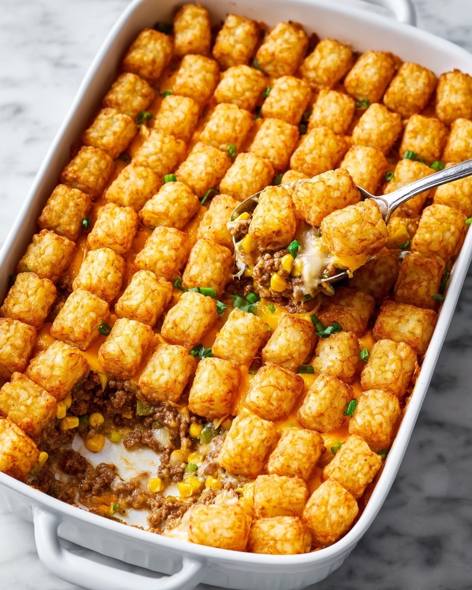 The image shows a white rectangular baking dish filled with a layered casserole. The top layer is made of evenly spaced golden-brown tater tots forming a grid pattern, each piece crispy and textured. Below the tater tots, there is a creamy mixture that includes browned ground meat, melted cheese that appears orange-yellow and stringy, bits of corn, and some green onion pieces scattered on top. A metal spoon is lifting a portion of the casserole, revealing the thick and moist filling underneath the tater tot layer. The dish is placed on a white marbled surface. photo taken with an iphone --ar 4:5 --v 7