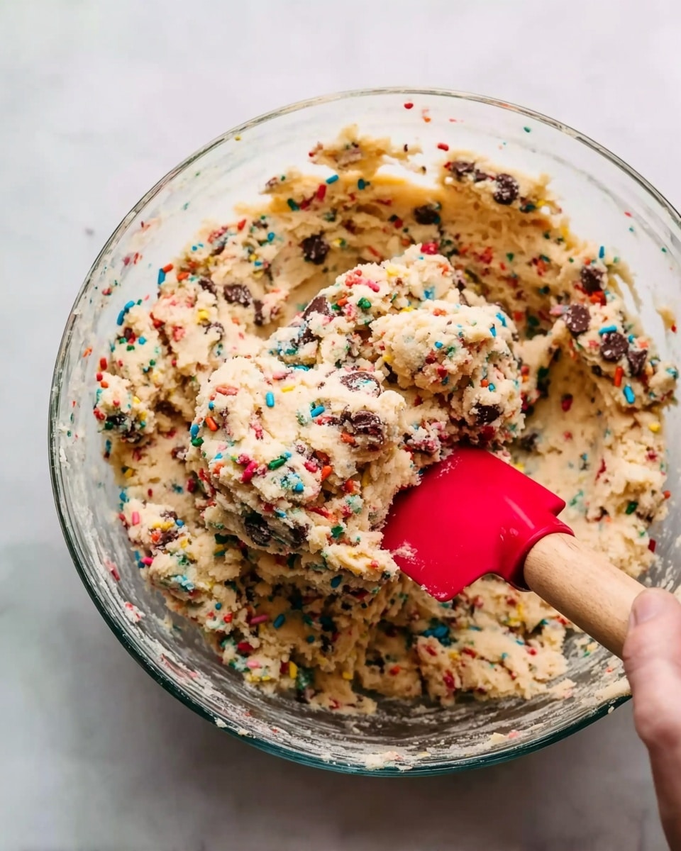A clear glass bowl filled with cookie dough that has colorful sprinkles and chocolate chips mixed throughout. The dough is light beige with many small spots of bright rainbow colors and dark brown chocolate pieces. A red spatula with a wooden handle is partially dipped into the dough on the right side, and a woman's hand is holding it. The bowl sits on a white marbled surface, and soft natural light brightens the scene. photo taken with an iphone --ar 4:5 --v 7