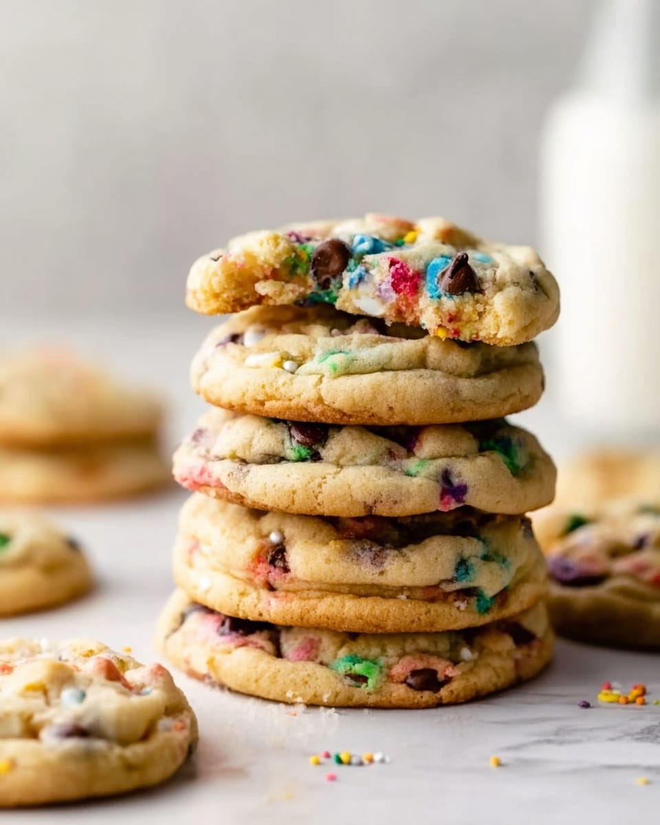 A close-up view of a tall stack of six thick, soft cookies with a light golden-brown color, filled with colorful candy pieces and dark chocolate chips scattered throughout each cookie. The cookies have a slightly uneven surface texture, showing some cracks and softness, with a few smaller cookies lying around the base of the stack. The background is soft and out of focus, featuring a white marbled surface and a blurred white container, suggesting a clean and bright setting. Photo taken with an iphone --ar 4:5 --v 7