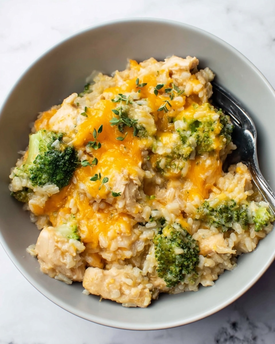 The image shows a close-up of a white bowl filled with a creamy mixture of three layers: soft, light brown rice as the base, bright green broccoli florets placed throughout the rice, and melted orange cheese spread unevenly on top with some pieces of light beige chicken mixed in. Small green herb leaves are sprinkled on the cheese, and a silver fork is partially inside the bowl on the right side. The bowl is set on a white marbled surface. photo taken with an iphone --ar 4:5 --v 7