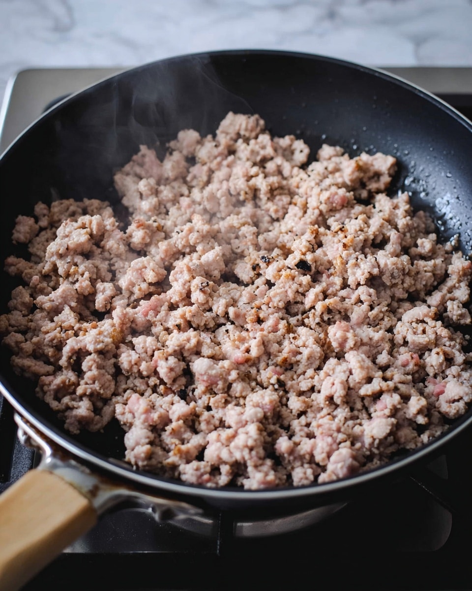 A black pan with a light wooden handle sits on a stove, filled with cooked ground meat that is light brown with small bits of slightly pink showing. The meat is scattered evenly across the pan, with a crumbly texture and steam rising gently from it. The background shows part of a white marbled surface near the stove. photo taken with an iphone --ar 4:5 --v 7