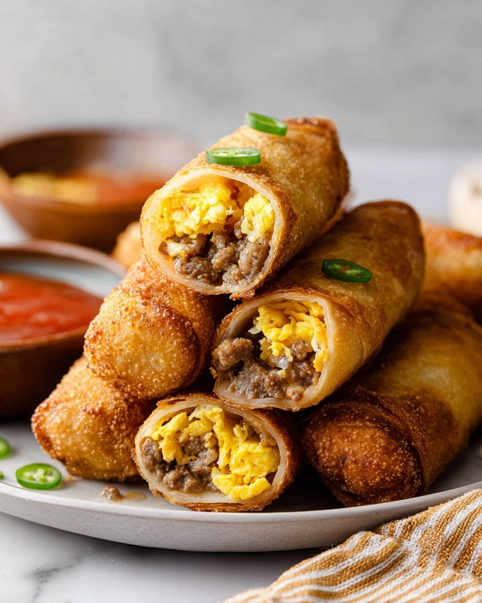 A stack of six golden brown fried rolls is shown on a white plate with a white marbled background. The top three rolls are cut open, revealing a mix of three layers inside: the outer crispy brown shell, a layer of yellow scrambled eggs mixed with some cheese, and a layer of finely cooked brown sausage. Each cut piece is topped with a small green chili slice. A small brown bowl with red sauce sits slightly out of focus to the left, and a beige striped cloth is visible in the background on the right. photo taken with an iphone --ar 4:5 --v 7