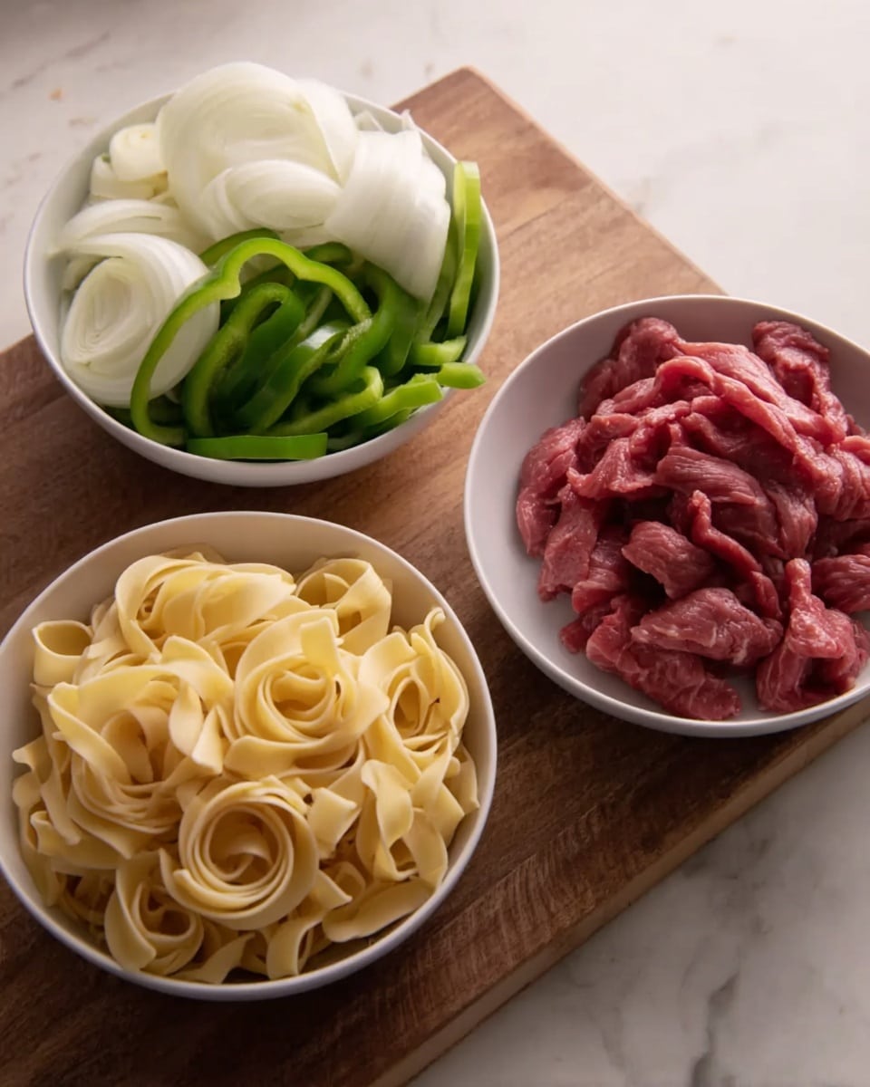 Three white bowls sit on a wooden board over a white marbled surface. The first bowl on the left is filled with light yellow ribbon pasta loosely coiled. The second bowl above it holds two layers of sliced vegetables: white onion slices on top and long green bell pepper strips underneath. The third bowl on the right contains thin strips of raw red beef. The lighting is soft and natural, highlighting the fresh ingredients. photo taken with an iphone --ar 4:5 --v 7