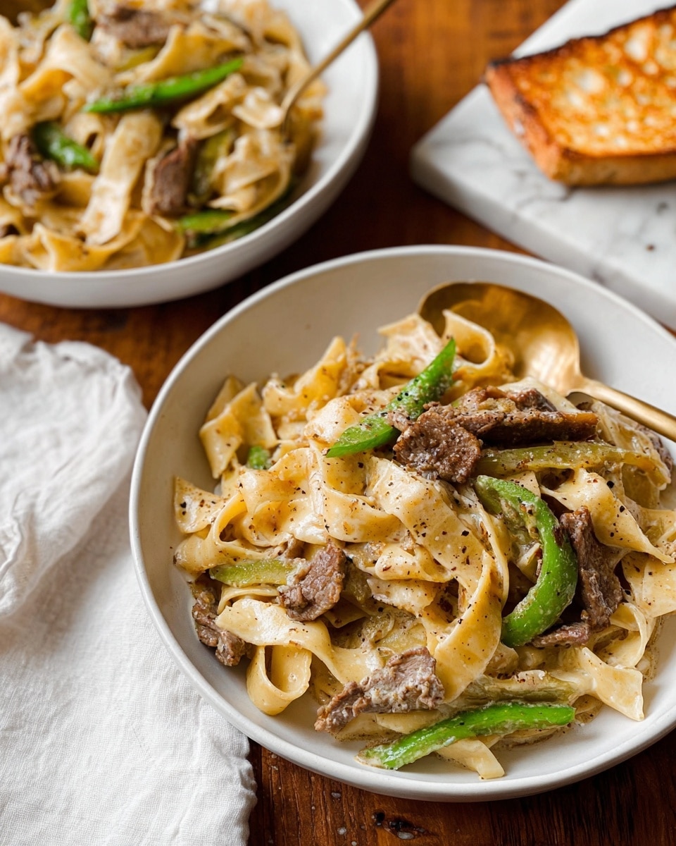 The image shows two white bowls filled with wide, flat noodles mixed with strips of brown meat, light green bell pepper slices, and caramelized onions. The noodles are creamy with a slightly shiny texture and are speckled with black pepper. Each bowl has a golden spoon resting on the side. In the back bowl, there is a piece of toasted bread with a golden crust. The bowls are placed on a wooden table with a white marbled surface underneath and a white cloth napkin nearby. Photo taken with an iphone --ar 4:5 --v 7