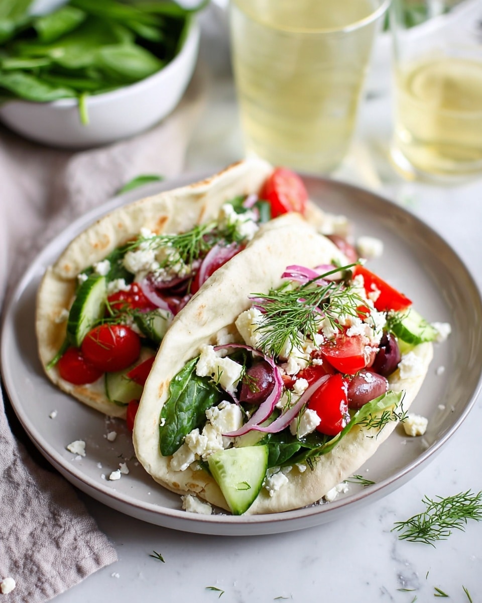 Two pita breads folded open on a light gray plate, each filled with layers starting with a base of small green spinach leaves, followed by chopped red cherry tomatoes and slices of pale green cucumber. On top of that are small chunks of white cheese and dark purple olives, scattered with thin slices of purple onion and fresh green dill sprigs. The pita bread is soft and white with a slightly puffy texture. The plate sits on a white marbled surface with some scattered cheese and dill around it. In the background, there are white bowls filled with green spinach leaves and vegetables, and a clear glass of pale yellow drink. Photo taken with an iphone --ar 4:5 --v 7
