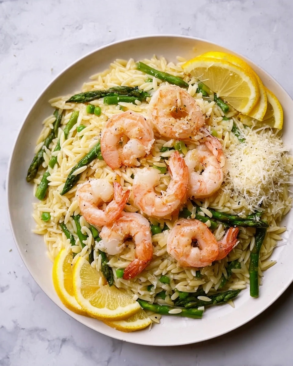 The dish is presented on a white plate placed on a white marbled surface. It has a base layer of orzo pasta mixed with small green asparagus pieces, giving a light yellow and green texture. On top of the pasta, there are four pink shrimp arranged in a curved shape, each showing a smooth, slightly shiny surface. Lemon slices are placed around the edge of the plate, adding bright yellow color. A small pile of grated cheese with a soft, crumbly texture is positioned to one side of the shrimp. The overall look is fresh and colorful with light tones. Photo taken with an iphone --ar 4:5 --v 7