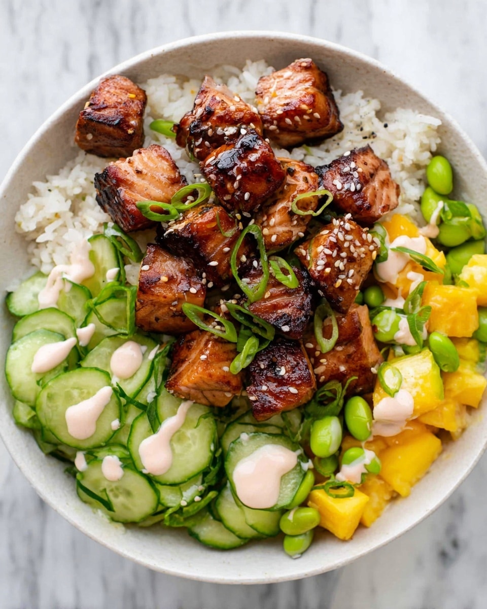A white bowl filled with three main layers: the bottom layer is a bed of white rice with some pieces of diced yellow mango and green edamame beans mixed in, the middle layer features bright green cucumber slices arranged on one side along with small spots of light pink creamy sauce, and the top layer is made up of dark brown grilled cubes of salmon sprinkled with white sesame seeds and thin slices of green onion, all placed on a white marbled surface photo taken with an iphone --ar 4:5 --v 7