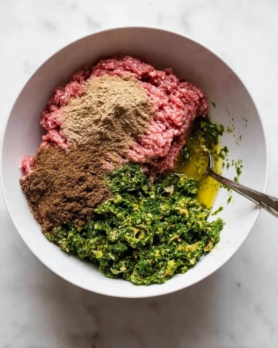 The image shows a white bowl on a white marbled surface, filled with several ingredients before mixing. There is a large portion of raw pink ground meat on the left side, topped with three different types of brownish powders layered on top, and a bit of yellow liquid visible underneath. On the right side of the bowl, there is a green mixture of chopped herbs and vegetables with a slightly chunky texture. A metal spoon is partially buried in the green mixture on the right edge of the bowl. The colors and textures form distinct sections within the bowl. Photo taken with an iphone --ar 4:5 --v 7