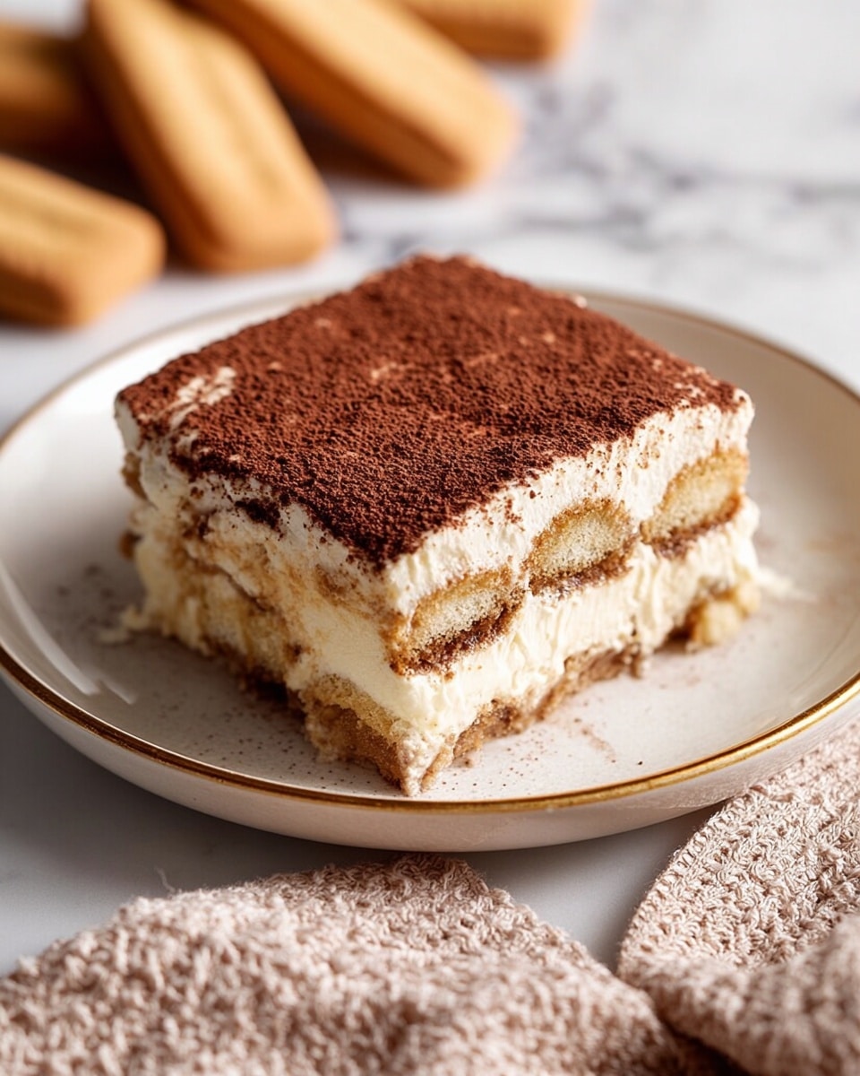 A single square slice of tiramisu sits on a white plate with a subtle golden rim, placed on a white marbled surface. The dessert consists of soft sponge layers soaked in coffee, separated by thick creamy layers of mascarpone filling. The top of the tiramisu is covered evenly with a fine layer of dark brown cocoa powder, giving a powdery texture. In the background, multiple ladyfinger biscuits lie scattered slightly out of focus, adding context to the dessert. A blurred beige cloth with texture appears in the foreground. Photo taken with an iphone --ar 4:5 --v 7