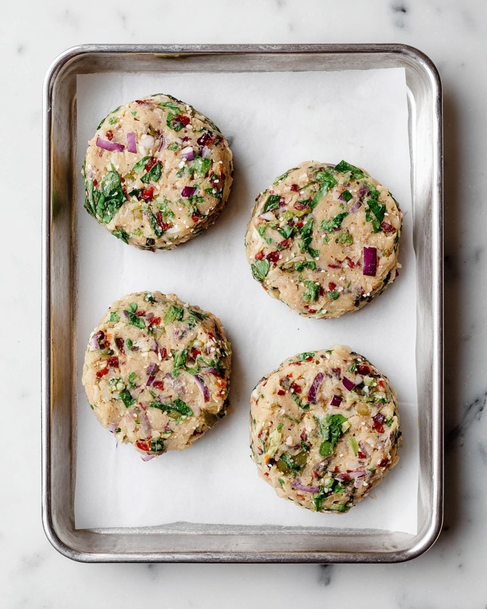 The image shows four round patties placed on white parchment paper over a silver baking tray. Each patty has a rough texture with visible colorful ingredients mixed in, including small pieces of green leafy herbs, red tomato bits, and purple onion chunks. The patties are light beige with dotted green, red, and purple throughout, giving a fresh and natural look. The baking tray sits on a white marbled surface, adding a clean and bright background to the image. photo taken with an iphone --ar 4:5 --v 7