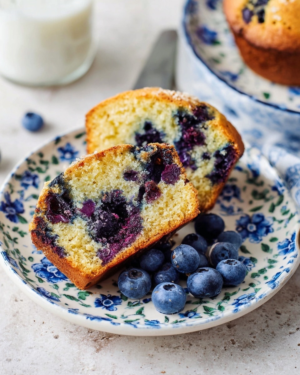 A white plate with blue floral patterns holds a sliced blueberry muffin showing two layers: a light golden-brown crumb layer with embedded whole and smashed dark purple blueberries that create blue stains inside, and a slightly darker golden crust edge. Three fresh whole blueberries sit beside the muffin slices on the plate. The plate rests on a white marbled textured surface, slightly crumbed, with a blurred glass of milk and another muffin visible in the background. photo taken with an iphone --ar 4:5 --v 7