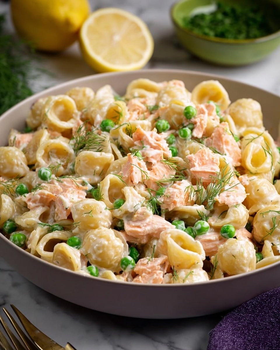 A close-up of a white bowl filled with creamy pasta. The dish has three main layers: the base layer is small, round pasta shells coated in a light cream sauce, the middle layer has soft pink pieces of cooked salmon mixed evenly throughout, and the top layer includes bright green peas and small sprigs of fresh dill scattered over the pasta. The bowl is placed on a white marbled surface with a lemon half and a green bowl of herbs blurred in the background. Photo taken with an iphone --ar 4:5 --v 7