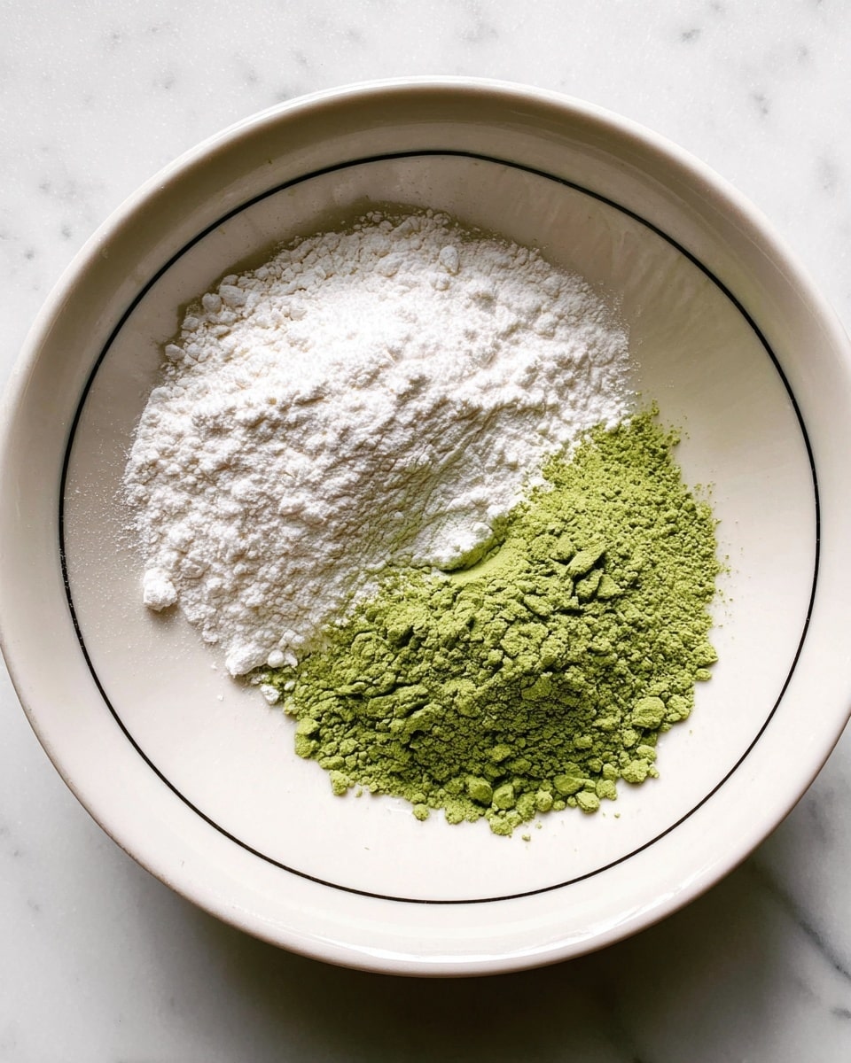 A white bowl with two thin black rings near the rim holds two piles of powder on a white marbled surface: a large white pile with a soft, powdery texture on the left side and a smaller, bright green pile with a fine, crumbly texture on the top right. The powders are unmixed, showing clear color contrast and texture differences, with some green powder slightly overlapping the white on the edge. The bowl is centered and the photo has soft natural light. Photo taken with an iphone --ar 4:5 --v 7
