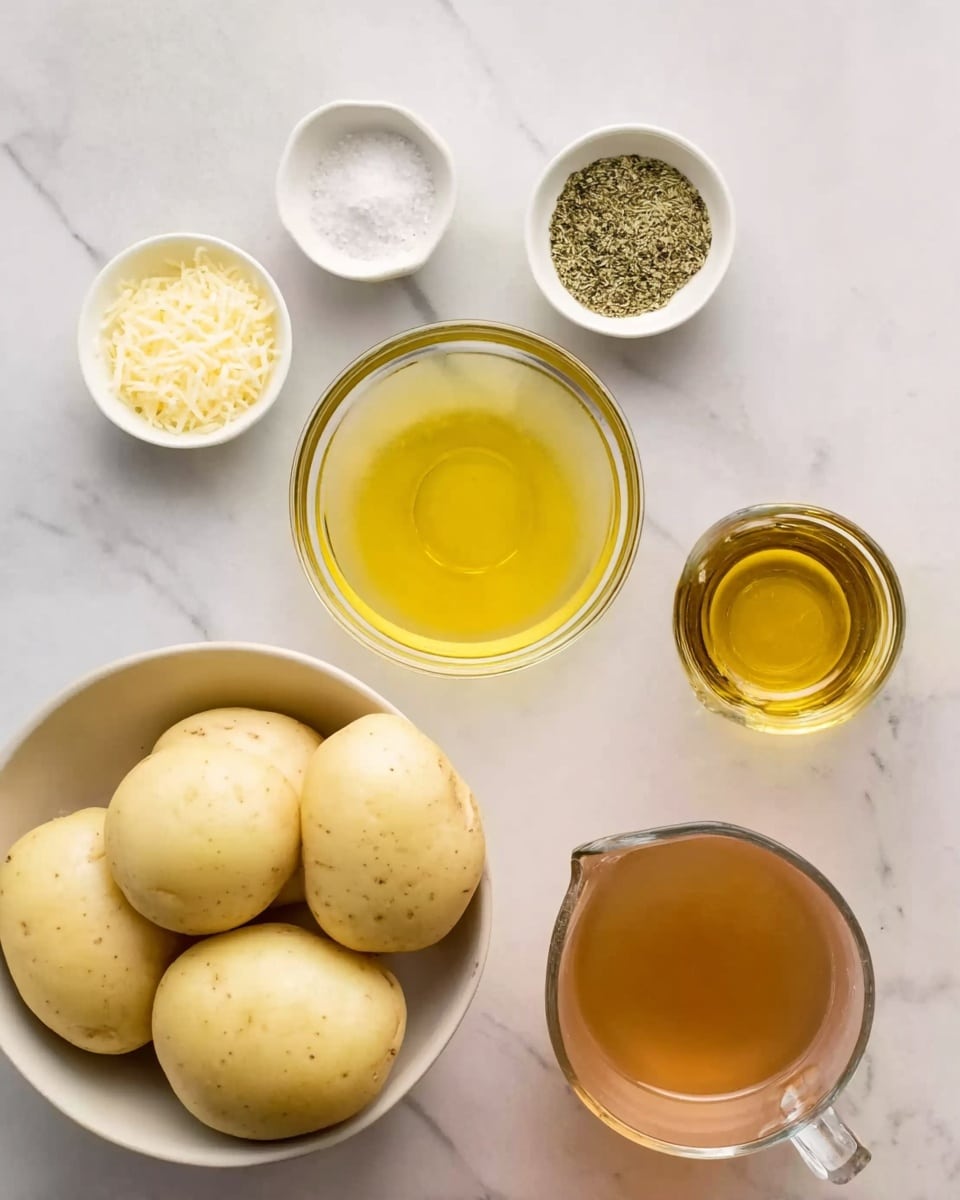 The image shows six peeled potatoes sitting in a white bowl with a smooth finish at the bottom left. Above the bowl, there are three small white bowls, each holding a different ingredient: one with grated cheese, one with a green herb seasoning, and one with coarse salt. In the center, a medium clear glass bowl contains a yellow liquid, likely broth or oil. To the right of this, a small clear glass pitcher holds more golden oil. Below it, a larger clear glass pitcher is filled with a brownish liquid, possibly broth. All these items are placed on a white marbled surface. The photo was taken with an iphone --ar 4:5 --v 7
