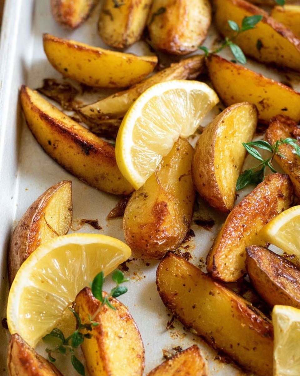 The image shows a close-up view of roasted potato wedges on a white baking tray. The wedges are golden brown with a crispy texture, arranged scattered across the tray. Mixed among the potatoes are small green herb leaves, adding a fresh touch. Thin lemon wedges with bright yellow skin and pale yellow flesh are placed on and around the potato wedges, providing a pop of color. The overall scene is warm and inviting, showing the roasted potatoes' crisp edges and soft inside clearly. Photo taken with an iphone --ar 4:5 --v 7