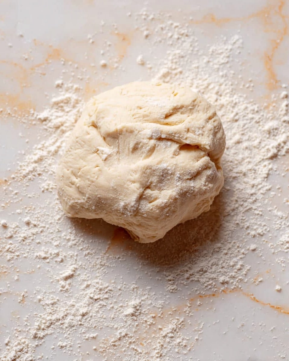 A small, soft, uneven ball of dough with a pale beige color sits on a white marbled surface sprinkled with white flour. The dough has a slightly rough and textured look with small creases and folds on its surface, and loose flour is scattered around it, adding contrast to the smooth dough ball photo taken with an iphone --ar 4:5 --v 7