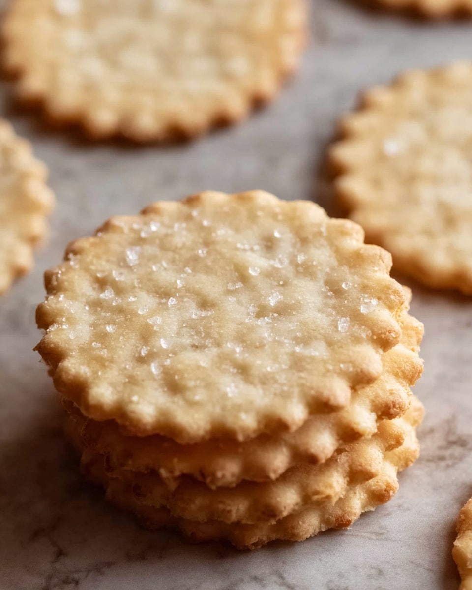 A close-up of a stack of three round crackers with scalloped edges, light golden brown in color with a slightly rough texture and small grains of salt on top, placed on a white marbled surface. Around the stack, there are more crackers spread out, softly blurred in the background, showing the same color and texture. The light highlights the subtle unevenness of the crackers. photo taken with an iphone --ar 4:5 --v 7