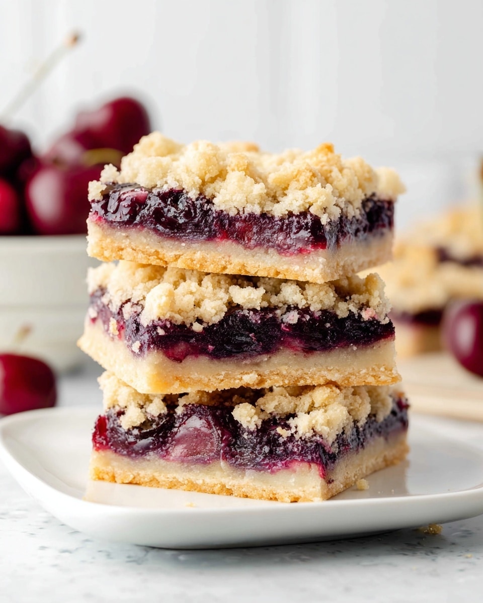 The image shows a close stack of three dessert bars on a white plate, each bar has three layers: the bottom is a pale cream-colored shortbread crust with a smooth texture, the middle is a thick layer of dark purple cherry filling with visible whole cherries, and the top is a crumbly streusel topping in a light golden color with small clumps. The bars are stacked unevenly with the top two slightly off center. The background is a clean white marbled texture with blurry cherries in a bowl in the back. Photo taken with an iphone --ar 4:5 --v 7