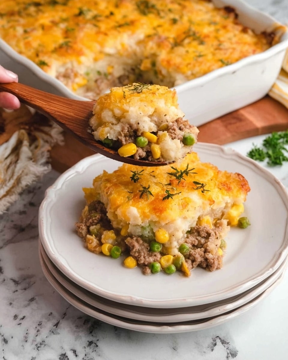 A white plate holds a portion of casserole with three layers: at the bottom is a mix of light brown cooked ground meat and small green peas and yellow corn kernels, in the middle are soft bits of mushy light yellow mashed potatoes, and on top is a golden-yellow melted cheese crust with some herbs sprinkled for color. A wooden spoon, held by a woman's hand, lifts a scoop from the plate, showing the layers clearly. The plate is stacked on two other white plates, all on a table with a white marbled surface. In the background is a white rectangular baking dish filled with the same casserole. Photo taken with an iphone --ar 4:5 --v 7