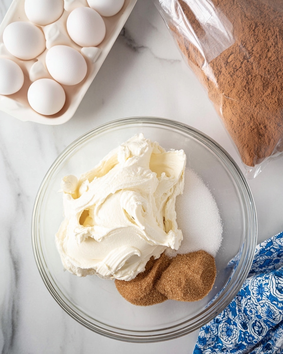 A clear glass bowl sits on a white marbled surface, filled with three visible layers of baking ingredients: a large amount of thick white cream or cream cheese on the left, a pile of white granulated sugar on the right, and a smaller layer of light brown sugar next to the white sugar. Nearby, on the upper left side, is a white tray holding six white eggs. To the upper right, there is a transparent plastic bag filled with light brown cocoa powder resting on the marbled surface. A small part of a blue and white patterned cloth is visible in the bottom right corner. photo taken with an iphone --ar 4:5 --v 7