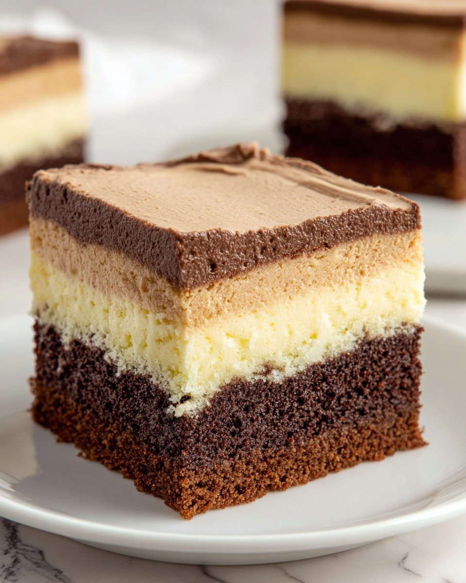 A square slice of cake with three clear layers is shown on a white plate over a white marbled surface. The bottom layer is thin and dark brown with a slightly dense texture. Above it, there is a thick creamy yellow layer with a smooth but slightly crumbly texture. On top of this, there is a darker brown cake layer that looks moist and porous. The topmost layer is thick and light brown, with a soft, fluffy, and creamy texture that spreads slightly over the edges. The cake slice is positioned in the foreground with another similar slice blurred in the background. Photo taken with an iphone --ar 4:5 --v 7