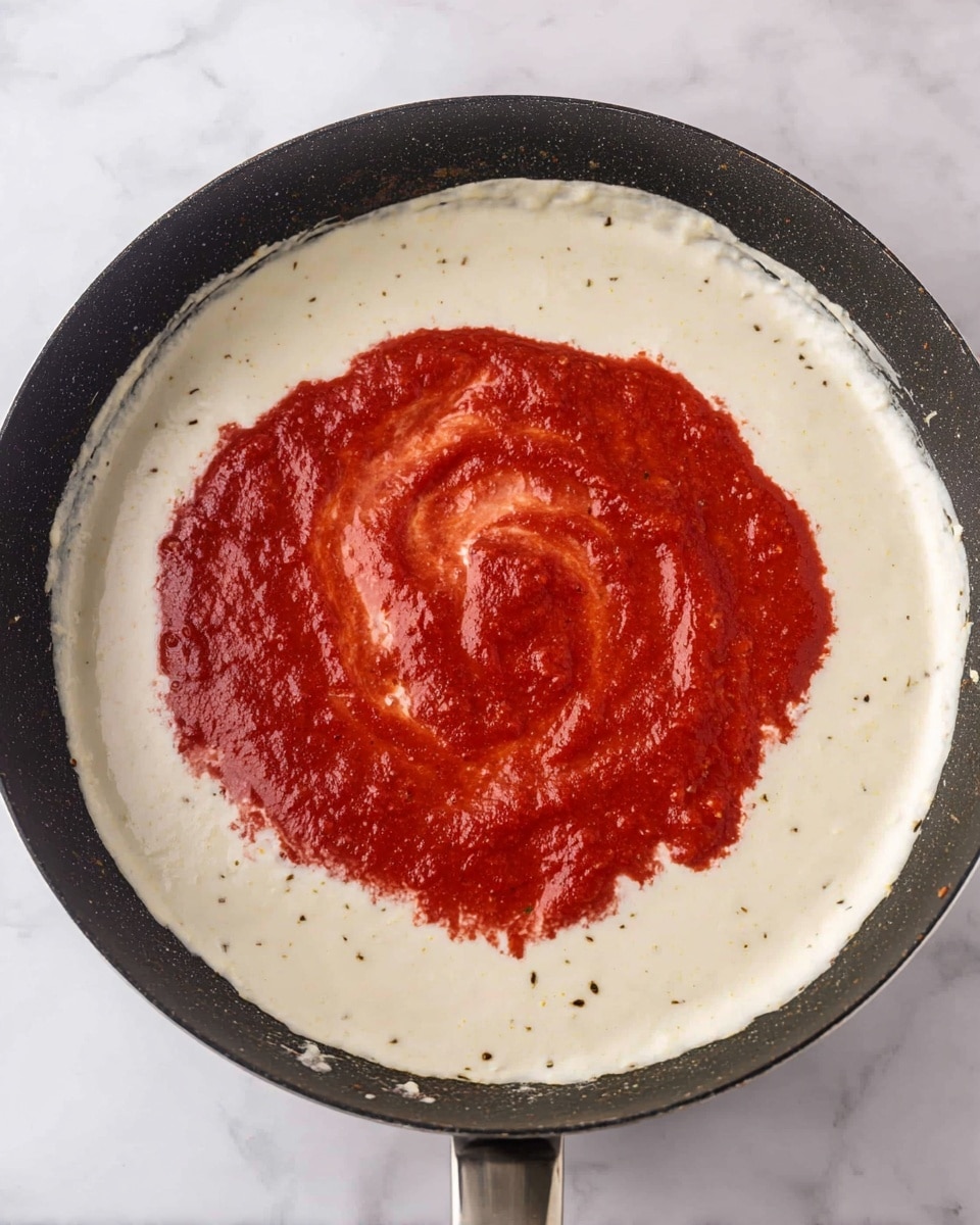 The image shows a black pan with two thick layers of sauce inside. The bottom layer is creamy white with a smooth texture and some small dark specks scattered throughout. On top, there is a vibrant red sauce layer, slightly thicker and textured with visible swirls and lumps. The white sauce surrounds the red sauce, creating a nice contrast between the two colors. The pan is placed on a white marbled surface. photo taken with an iphone --ar 4:5 --v 7