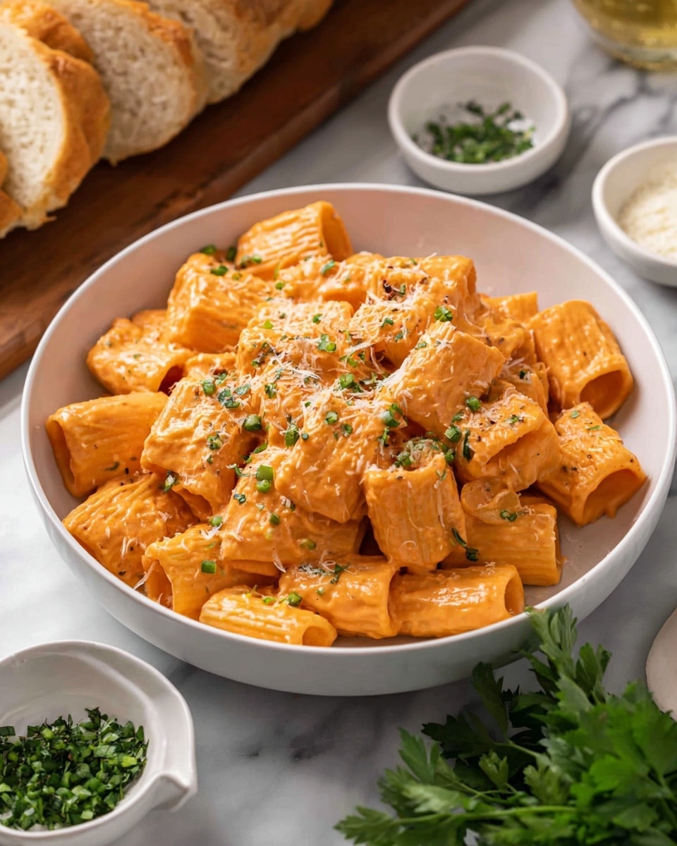 A white bowl filled with rigatoni pasta covered in a creamy orange sauce, topped with small green herb pieces and a light sprinkle of grated cheese. The rigatoni pieces are thick and tubular, evenly coated with sauce that has a smooth texture. The bowl sits on a white marbled surface, with a wooden board behind holding sliced pieces of light brown crusty bread. To the side, a bunch of fresh green parsley adds color, along with small white bowls containing finely chopped herbs and grated cheese nearby. Photo taken with an iphone --ar 4:5 --v 7