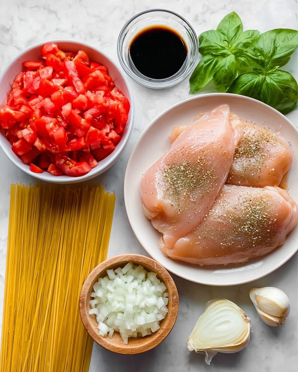 The image shows raw ingredients arranged neatly on a white marbled surface. There is a white plate on the right side holding three large pieces of raw chicken meat sprinkled with seasoning. Above the plate, fresh green basil leaves and two cloves of peeled garlic are placed. To the top left of the plate, a clear small glass bowl contains a dark liquid, likely balsamic vinegar or soy sauce. On the left side, there is uncooked long yellow spaghetti pasta laid flat. Nearby, a white bowl is filled to the top with chopped red tomatoes, and below that, a small wooden bowl holds chopped white onions. The colors are bright and fresh, with the raw chicken's pale pink, the tomatoes’ deep red, and the green basil standing out. Photo taken with an iphone --ar 4:5 --v 7