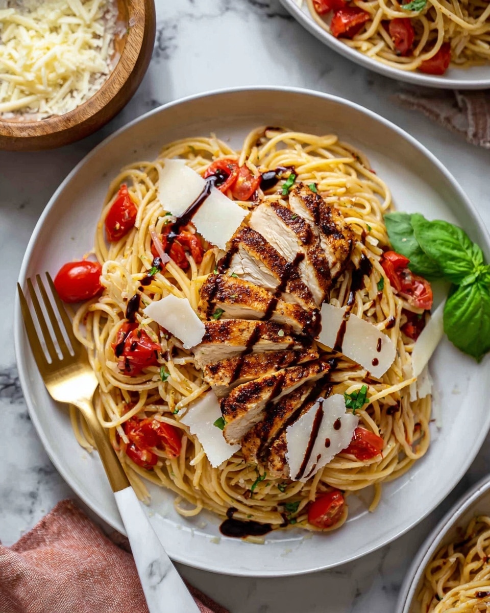A white plate holds a serving of cooked spaghetti lightly tossed with small red tomato chunks. On top of the spaghetti, there are several slices of grilled chicken with a golden brown crust, placed across the center. Thin shavings of white cheese are scattered over the pasta and chicken. A drizzle of dark balsamic glaze decorates the chicken and pasta. There is a fresh green basil leaf on the right side of the plate. A gold and white fork rests on the left side of the plate. The setting is on a white marbled surface with a wooden bowl containing more cheese flakes visible above the plate. Photo taken with an iphone --ar 4:5 --v 7