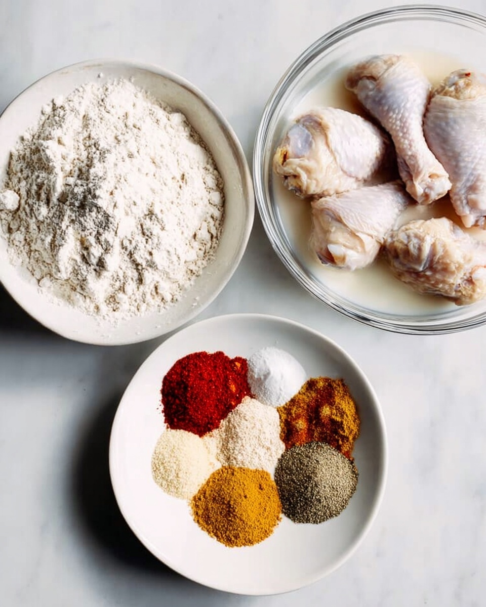 Kentucky Fried Chicken Recipe 5 The image shows three white bowls placed on a white marbled surface. The top right bowl is clear glass, filled with raw chicken drumsticks soaking in a white liquid, probably buttermilk. The top left white bowl contains a pile of white flour with a soft and powdery texture. The bottom white bowl is arranged with multiple spices in small piles, each with different colors and textures: bright red, white, pale yellow, light brown, black, greenish-brown, and beige spices form a colorful and varied pattern. photo taken with an iphone --ar 4:5 --v 7