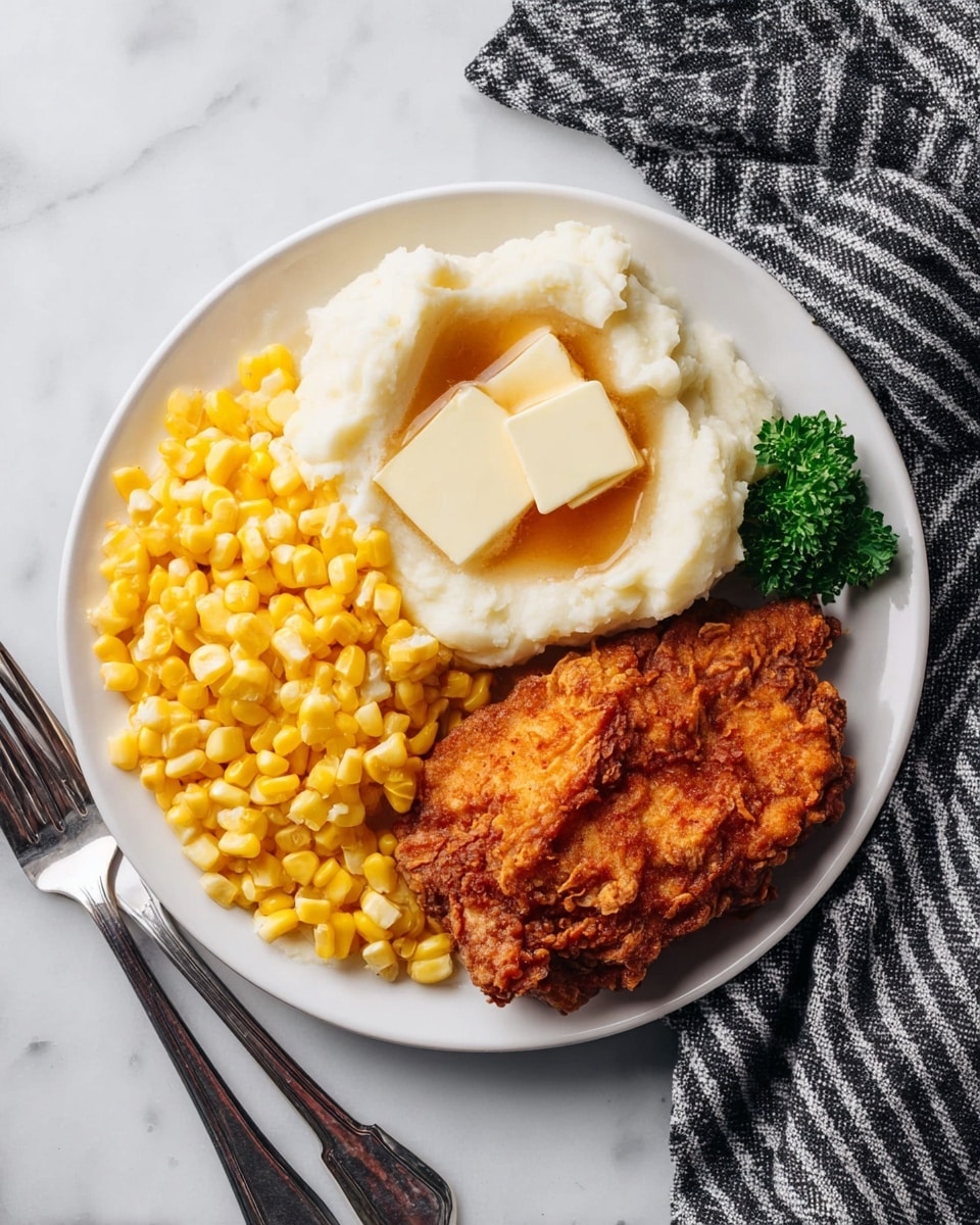 A white round plate holds three main parts: a crispy golden-brown fried piece of chicken placed on the right side, a bright yellow heap of cooked corn kernels on the left, and a generous scoop of smooth white mashed potatoes topped with two square pats of butter and light brown gravy in the top center. A small green parsley garnish is placed near the corn. The plate sits on a white marbled surface next to a fork and a knife on the left and a black and white striped cloth on the right. Photo taken with an iphone --ar 4:5 --v 7