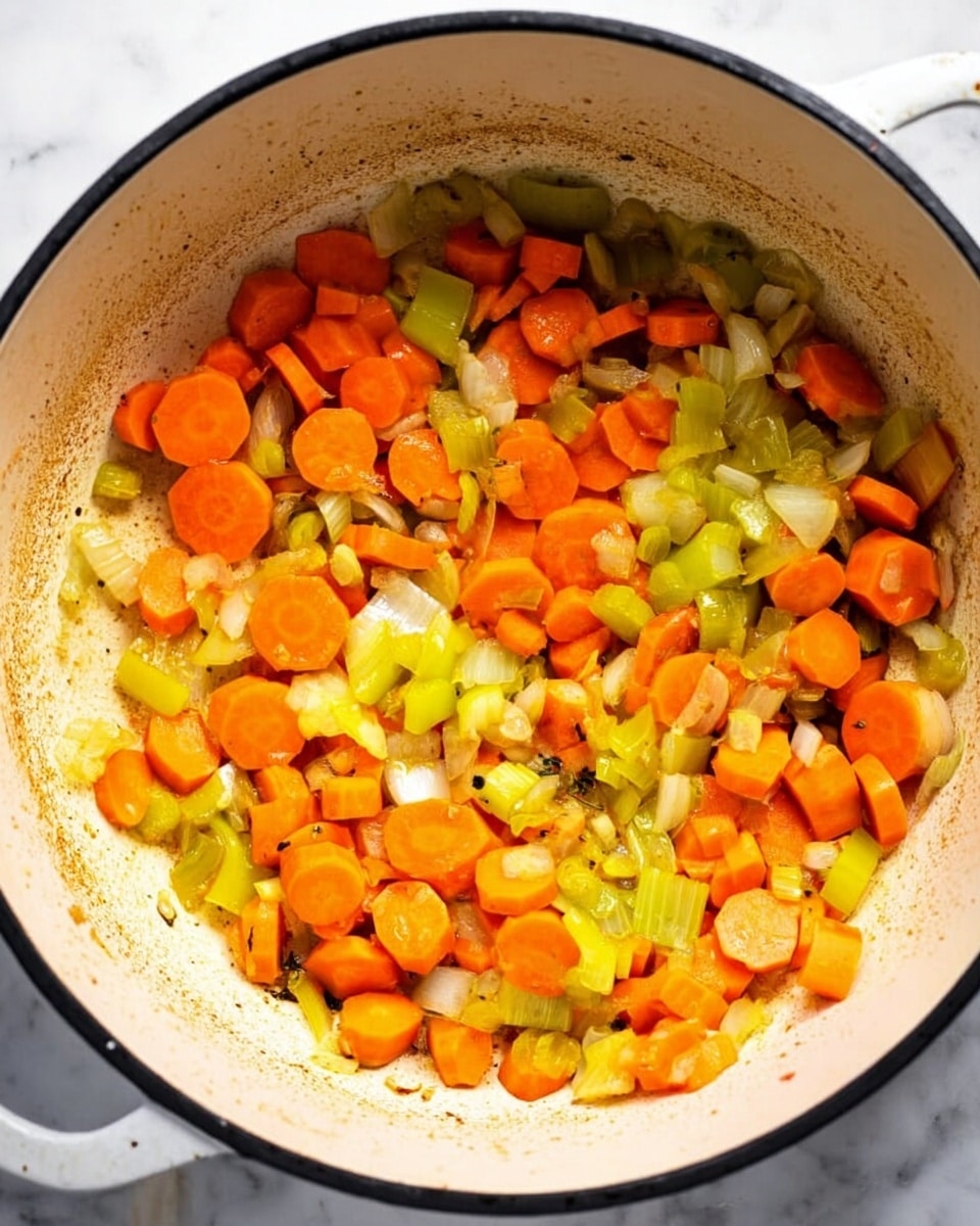 A close-up view of a white enamel pot filled with a mix of chopped vegetables. The bottom layer includes bright orange round carrot slices scattered evenly throughout the pot. Interspersed within the carrots are light green curved celery slices, adding texture contrast. Small pieces of white onion are also mixed in, providing a softer color tone. The pot's interior shows some light browning indicating sautéing, and the rim of the pot is visible with a black edge. The pot sits on a white marbled surface. photo taken with an iphone --ar 4:5 --v 7