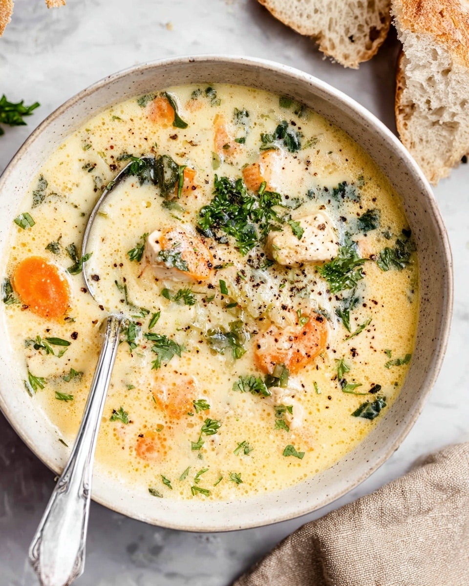A white bowl filled with creamy soup showing at least three layers: a thick, light yellow creamy base with visible chunks of orange carrot and small pieces of white chicken spread through it; on top, fresh green parsley pieces and a sprinkle of black pepper are scattered, adding texture and color contrast; a silver spoon rests inside the bowl on the left side, partially submerged in the soup, with a piece of carrot on it. The bowl is placed on a white marbled surface, next to torn pieces of light brown bread and a beige cloth. photo taken with an iphone --ar 4:5 --v 7