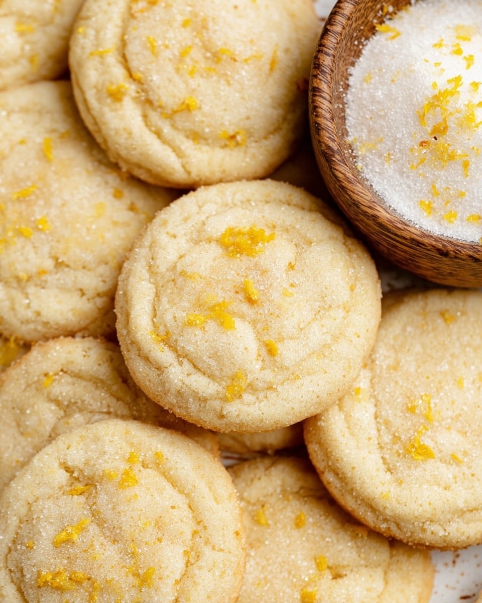 A close-up view of round sugar cookies with a light golden color, each cookie topped with a sprinkle of granulated sugar and small bits of bright yellow lemon zest, creating a soft textured look. The cookies cover most of a white marbled surface with a wooden bowl on the top right corner filled with white sugar and lemon zest mixed together. The cookies overlap each other slightly, showing their soft and slightly cracked surfaces. photo taken with an iphone --ar 4:5 --v 7