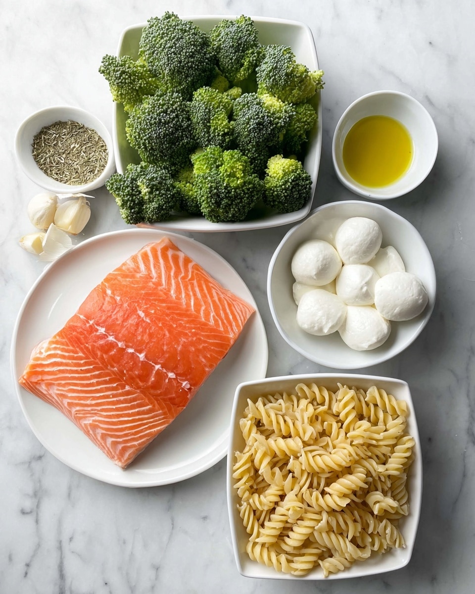 The image shows five white dishes on a white marbled surface, arranged as ingredients for cooking. In the center left is a round plate holding a large piece of fresh salmon with bright orange flesh and clear white lines. Above it, a square bowl is full of fresh green broccoli florets with a textured surface. To the right of the broccoli, a small bowl contains white mozzarella balls and some soft cream cheese. At the bottom right, there is a square bowl filled with pale yellow uncooked rotini pasta spirals. At the bottom left, a small round dish contains golden olive oil, next to three peeled cloves of garlic. Another small round dish in the top left corner holds mixed dried herbs. photo taken with an iphone --ar 4:5 --v 7