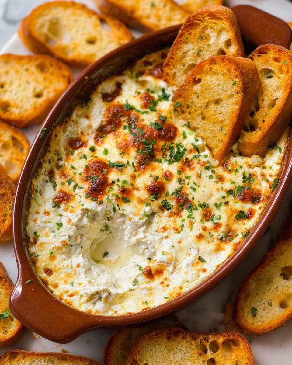 A close-up view of a brown oval baking dish filled with a creamy, bubbly white cheese dip that has browned spots on its surface, topped with chopped green herbs. Inside the dish, several toasted light golden brown bread slices are partially dipped into the thick, rich cheese, showing a soft texture beneath. Surrounding the dish on a white marbled surface are more toasted bread slices with a slight crunch and irregular holes, ready for dipping. The overall scene is warm and inviting, showing a mix of creamy textures and crispy golden bread, photo taken with an iphone --ar 4:5 --v 7