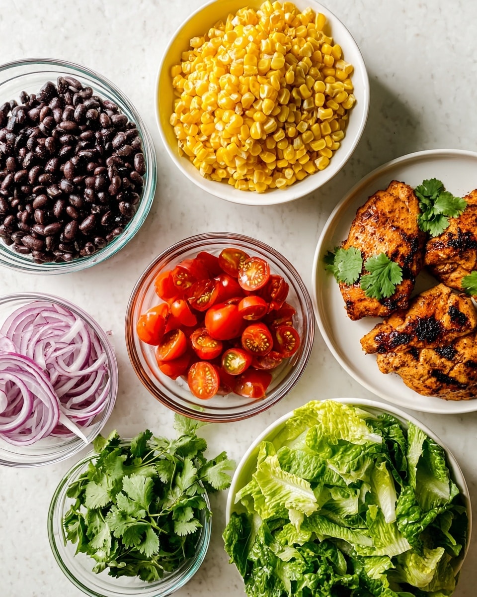 The image shows five separate containers of fresh ingredients arranged on a white marbled surface. A white plate on the right holds two grilled chicken pieces with a golden brown, slightly charred texture and a few green cilantro leaves on top. Above the chicken, a white bowl is filled with bright yellow corn kernels, glossy and plump. To the left, a white bowl contains small black beans, shiny and tightly packed. In the center, a clear glass bowl holds halved red cherry tomatoes with juicy interiors visible. At the bottom left, a white plate has thinly sliced rings of purple onion, and below, another clear glass bowl is filled with torn, fresh green lettuce leaves. The lighting is soft and natural, highlighting the vivid colors and textures of the ingredients. photo taken with an iphone --ar 4:5 --v 7