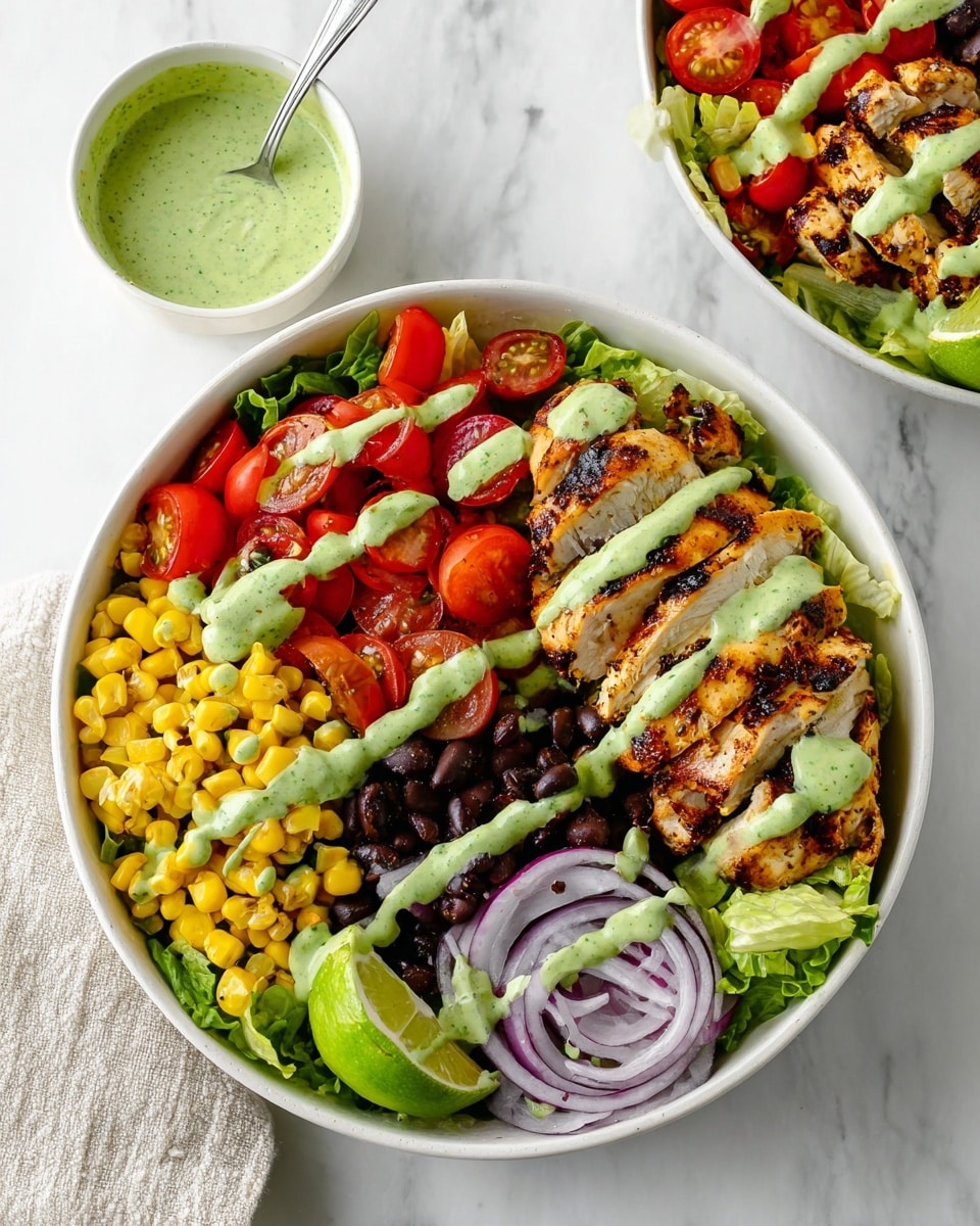 A white bowl sits on a white marbled surface filled with layers of green lettuce at the bottom, topped on the left with bright red halved cherry tomatoes, black beans, and yellow corn kernels arranged side by side; on the right side thinly sliced red onion rings share space with sliced grilled chicken that is golden brown with char marks. A wedge of lime rests near the chicken, and a green creamy sauce is drizzled over the whole bowl in thin lines. Nearby, a white bowl of extra green sauce with a spoon is visible. Photo taken with an iphone --ar 4:5 --v 7