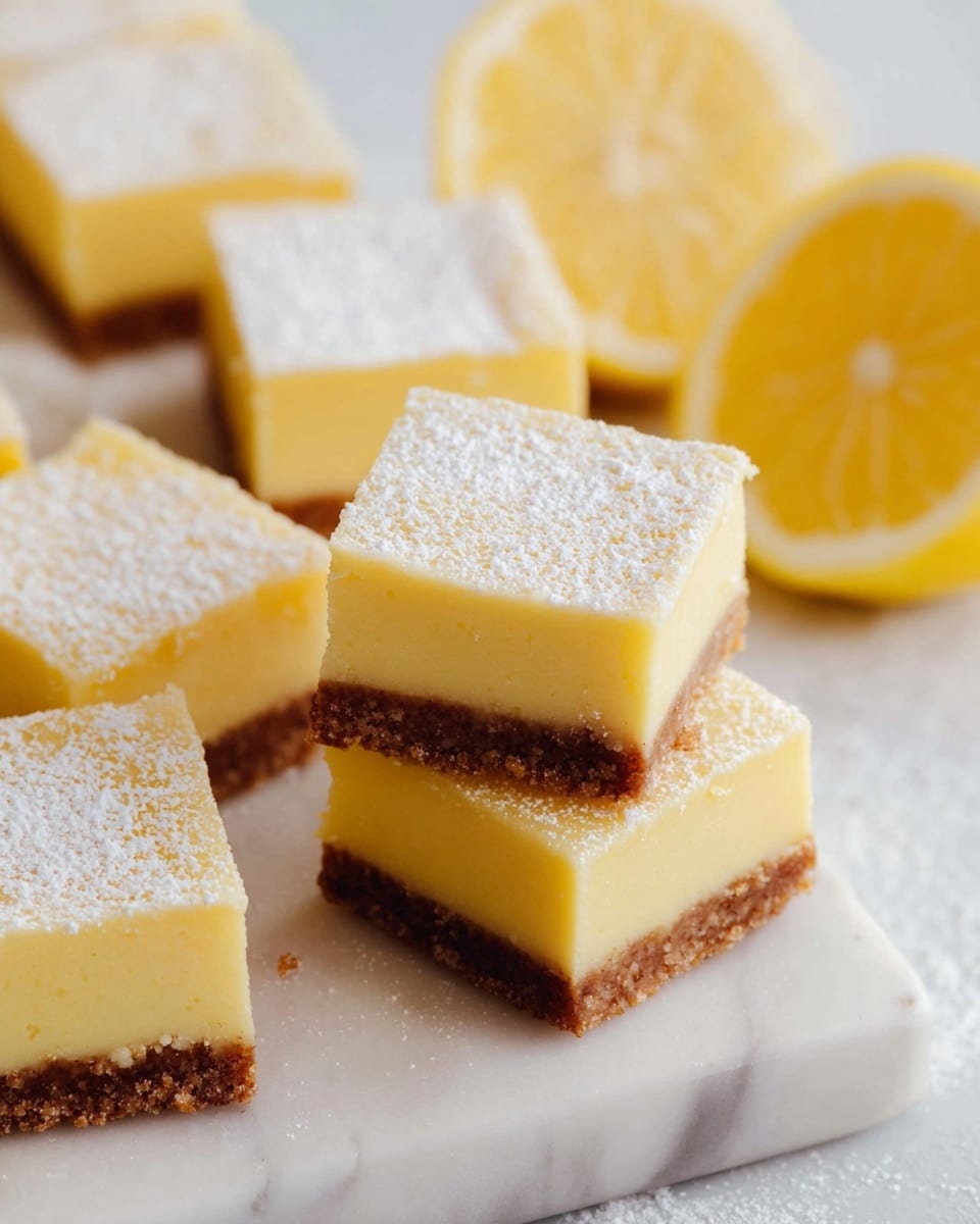 The image shows several square lemon bars layered on a white marbled surface, each having a brown crumbly base and a thick, pale yellow lemon filling. Some lemon bars are topped with a dusting of white powdered sugar, creating a soft contrast on top of the smooth lemon layer. In the background, there are two bright yellow lemon halves with visible juicy details, placed beside the bars. The overall setting is bright and clean, emphasizing the fresh and tangy look of the lemon bars. photo taken with an iphone --ar 4:5 --v 7