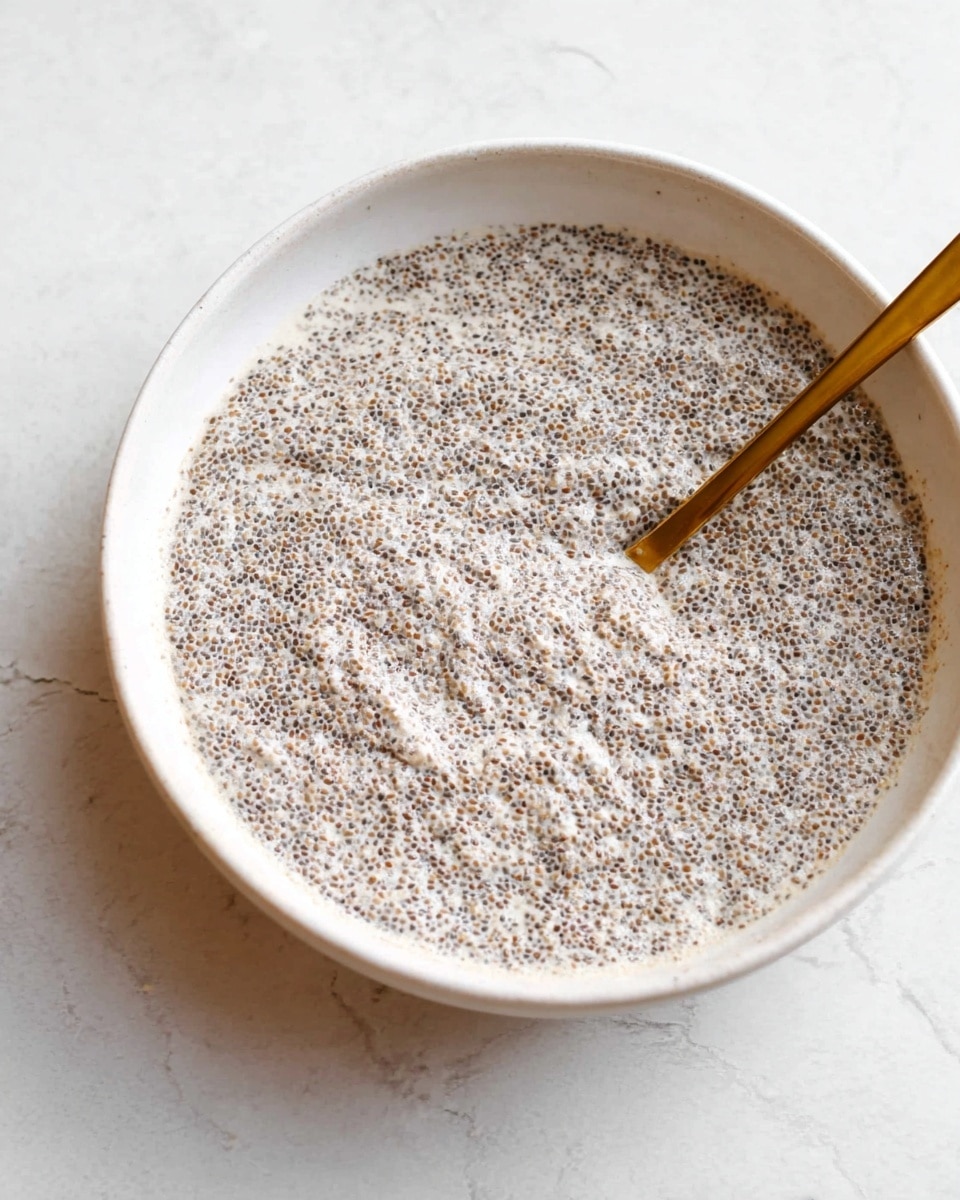 A close-up view of a large white bowl filled with a thick mixture of tiny, dark chia seeds soaked in a creamy, light beige liquid, giving a soft, bubbly texture all over. A shiny gold spoon is partially resting inside the bowl from the right side, mixing the chia pudding gently. The bowl is placed on a white marbled textured surface that has subtle gray veins and a clean, bright look. photo taken with an iphone --ar 4:5 --v 7
