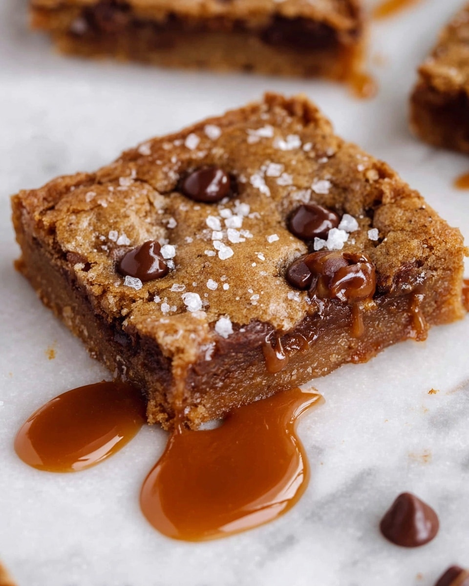 A square cookie bar with a golden brown, rough textured top layer scattered with small white salt crystals and rich dark brown chocolate chips, some partly melted. A glossy caramel sauce drips onto the lower right corner of the cookie, pooling slightly on the white marbled surface beneath. The cookie edges are firm but not hard, showing a soft crumb inside. Blurred cookie pieces are visible in the background on the white marbled surface. photo taken with an iphone --ar 4:5 --v 7