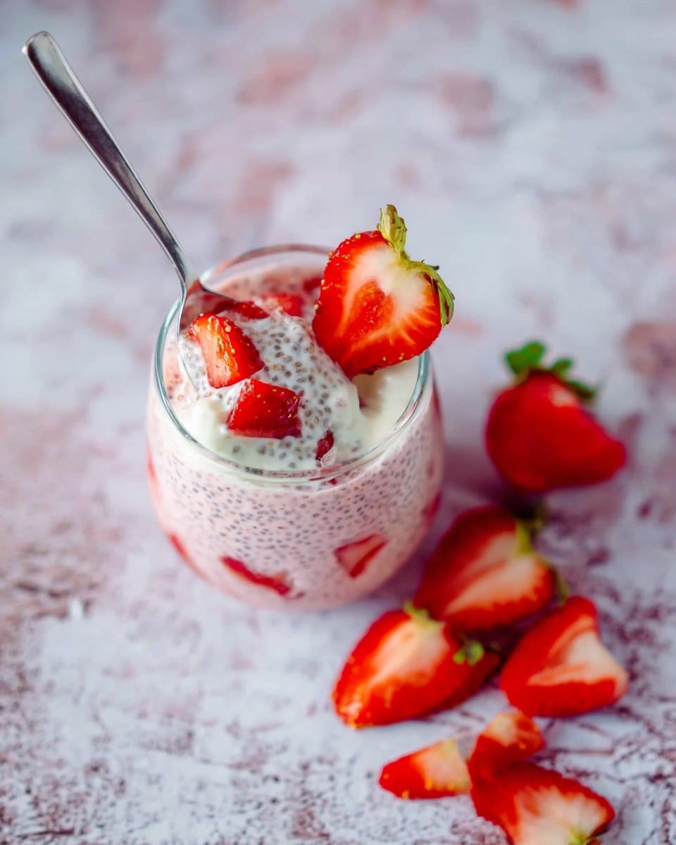 A clear glass filled with two visible layers: the bottom layer is pinkish with small chia seeds soaking in liquid, and the top layer is white cream with pieces of cut red strawberries mixed in. A silver spoon is placed inside the glass, scooping some cream and strawberries. Around the glass, there are fresh sliced strawberries scattered on a white marbled textured surface. The image has a soft, fresh, and inviting look. photo taken with an iphone --ar 4:5 --v 7