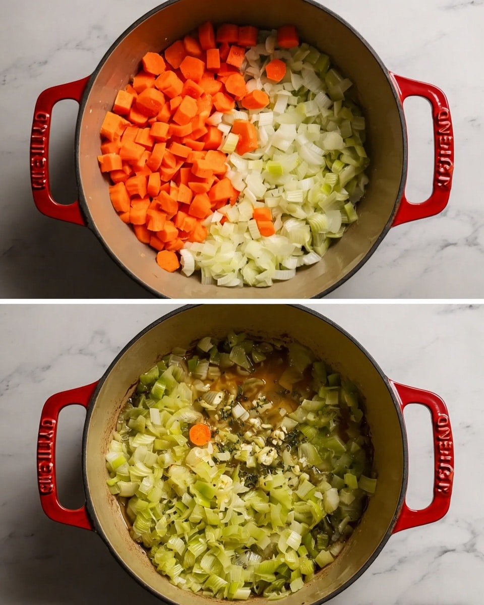The image shows two top-down views of a round cast iron pot with red handles on a white marbled surface. In the first view, the pot contains three layers of raw vegetables arranged in sections: bright orange carrot pieces at the top, white chopped onions on the left, and light green chopped leeks on the right. In the second view, the same pot shows the vegetables cooked and softened, mixed together with a shiny texture, and some small white pieces of garlic added on top. The pot is centered with its brand name visible on the handles. photo taken with an iphone --ar 4:5 --v 7