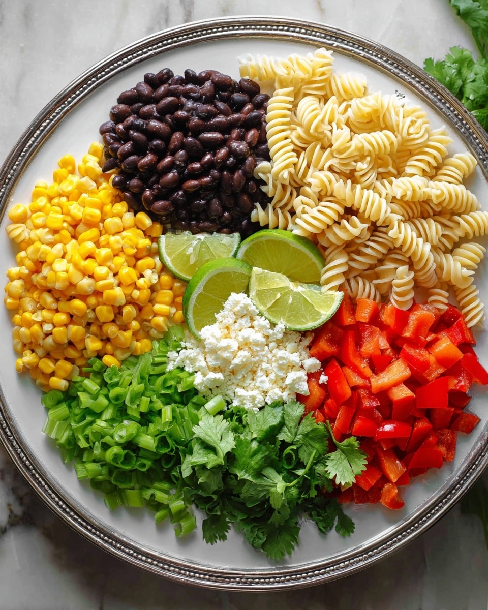 A white plate with a silver rim holds five separate piles of food arranged like a colorful wheel. Starting from the top and moving clockwise, there is a pile of dark brown black beans with a shiny texture, a large portion of light beige spiral pasta with a smooth surface, bright yellow corn kernels looking fresh and juicy, chopped green onions with a glossy look, and diced vibrant red bell peppers. In the middle of the plate, there are a few bright green lime wedges and some fresh cilantro leaves on top of a small amount of white crumbly cheese. The plate sits on a white marbled surface. photo taken with an iphone --ar 4:5 --v 7