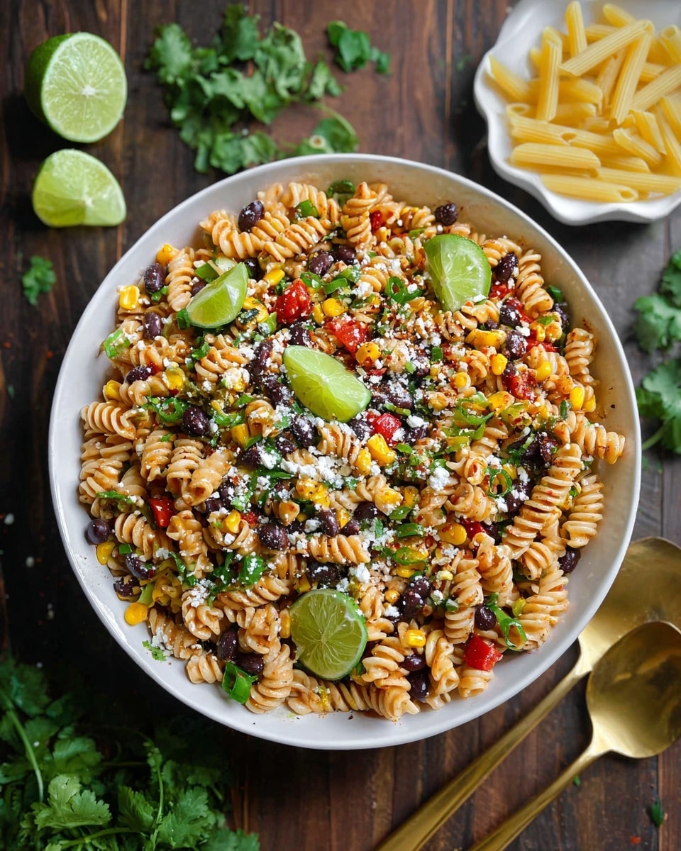 A white bowl filled with three layers: the bottom layer is light tan rotini pasta, the middle layer is a mix of bright yellow corn, dark black beans, chopped red bell peppers, and green chopped scallions, all mixed with a light orange seasoning coating, and the top layer includes green lime wedges and finely crumbled white cheese sprinkled throughout, with a hint of dark red seasoning dusted over the surface. The bowl sits on a dark wooden table with scattered green cilantro and a small white dish with some pasta next to it. A golden fork and spoon rest near the bowl on the table. photo taken with an iphone --ar 4:5 --v 7