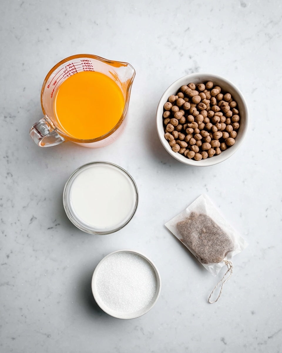 The image shows five items placed on a white marbled surface. On the top left is a glass measuring cup with a bright orange liquid inside. To the right of it is a small white bowl filled with round, brown-colored pellets. Below the measuring cup, there is another glass measuring cup containing white liquid. To the right of it is a light brown tea bag with a string attached. At the bottom center, there is a small white bowl filled with white granulated sugar. All items are neatly arranged with space between them. Photo taken with an iphone --ar 4:5 --v 7