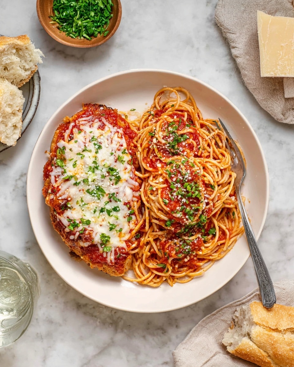 A white plate holds a serving of spaghetti and a large piece of chicken parmesan. On the left side, the chicken is topped with a layer of red tomato sauce, a layer of melted white cheese sprinkled with small bits of green herbs. On the right side, there is a pile of spaghetti covered by a thick layer of red tomato sauce with small green herb pieces sprinkled on top. A silver fork rests on the spaghetti, partially twirling some noodles. The plate is set on a white marbled surface with a small bowl of chopped green parsley, pieces of torn bread, a glass of water, and a plate with cheese and a piece of bread around it. Photo taken with an iphone --ar 4:5 --v 7
