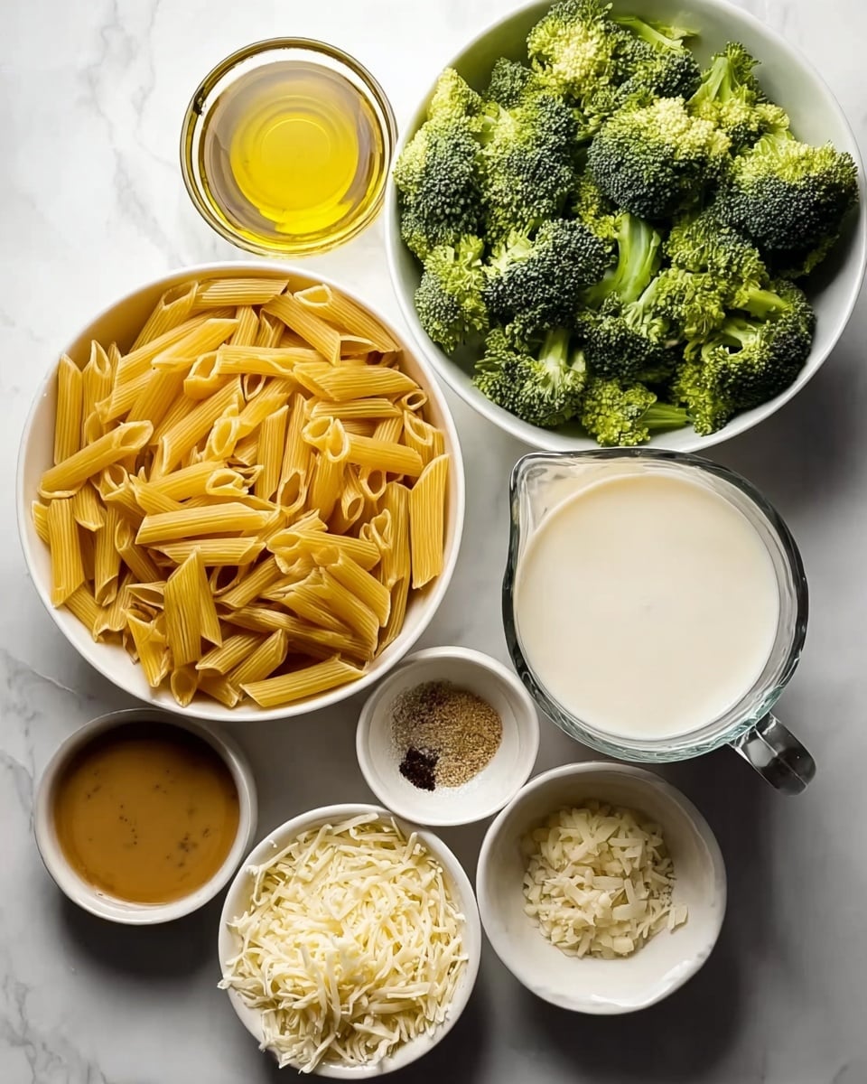 The image shows seven white bowls and containers arranged on a white marbled surface, each holding a different ingredient. One large bowl is filled with uncooked yellow penne pasta, another large bowl has fresh green broccoli florets. A small bowl contains golden olive oil, and two smaller bowls hold seasonings: one with minced garlic, black pepper, and light brown powder, the other with shredded white cheese. There is a glass pitcher filled with creamy white milk and another glass pitcher with a light brown broth or stock. The ingredients are neatly placed and clearly visible. photo taken with an iphone --ar 4:5 --v 7