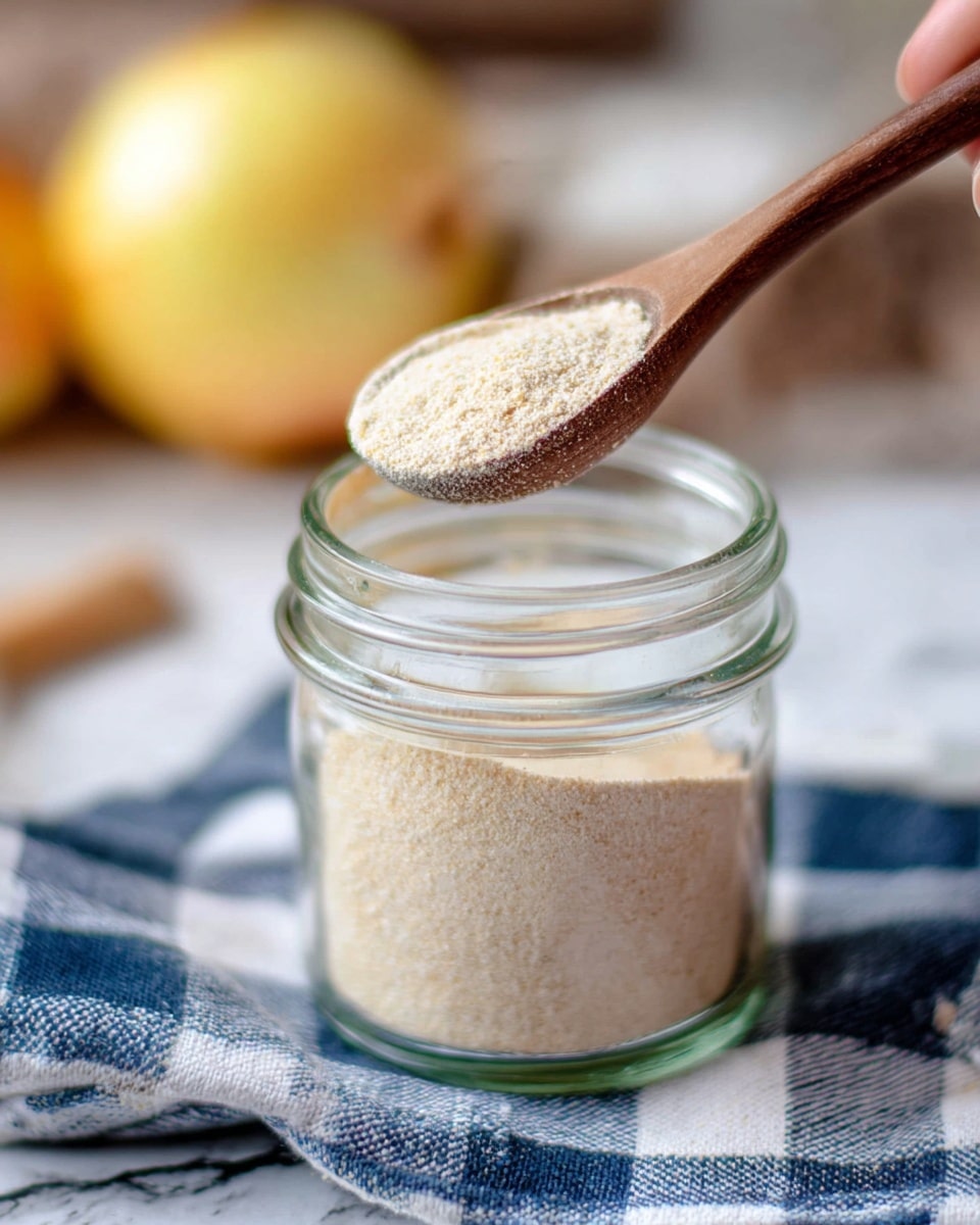 A close-up image of a small clear glass jar filled with light beige powder, placed on a blue and white checkered cloth over a white marbled textured surface. A wooden spoon with a fine heap of the same powder is held above the jar by a woman's hand, with a slightly blurred yellow onion in the background. Photo taken with an iphone --ar 4:5 --v 7